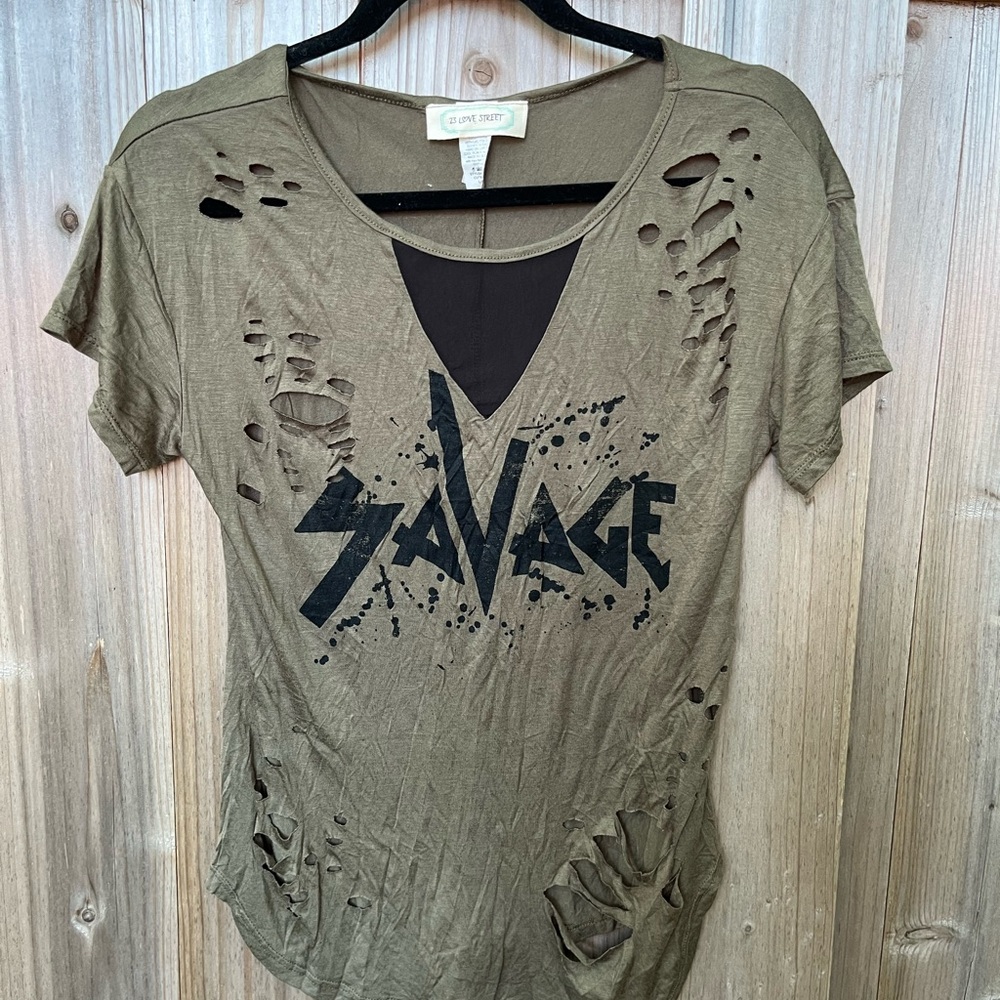 23 Love Street SAVAGE Olive Distressed Short Sleeve Tee
